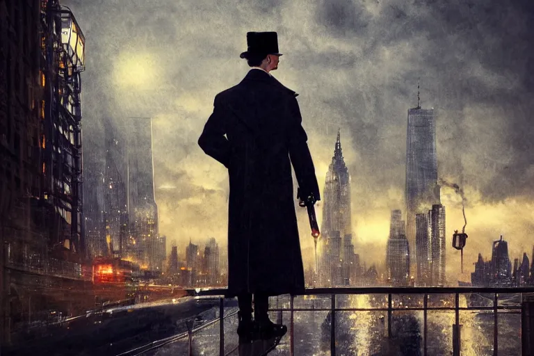 Image similar to stunningly mysterious, detective wearing a trench coat in profile smoking a sherlock holmes pipe on a perch facing the city at night, smooth, focus, highly detailed, hyper realistic, dramatic lighting, intricate, concept art, new york skyline, looking down, art by wlop, greg rutowski, artstation
