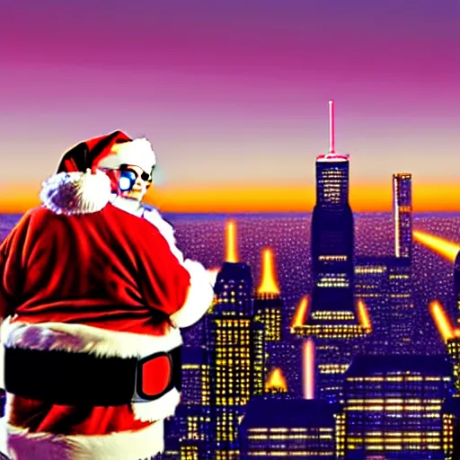 Image similar to santa claus in a sleigh with reindeers in front of world trade center's 5 0 th floor with a beautiful sunset in the background