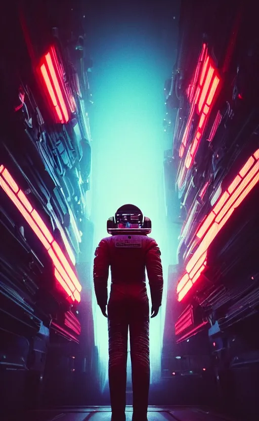 Image similar to professional photo of astronaut from front standing very close to camera from low angle shot, cyberpunk, synthwave, blade runner, hyperrealistic masterpiece, trending on artstation, cgsociety, kodakchrome, golden ratio, cinematic, composition, beautiful lighting, hyper detailed, sharp focus, octane render, 4 k, unreal engine