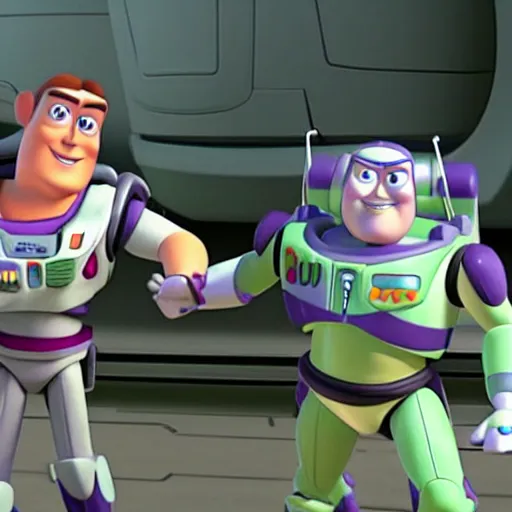 Image similar to rey skywalker and buzz lightyear holding hands