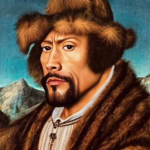 Image similar to a highly detailed portrait of dwayne johnson, wearing elegant tudor clothes, inside a room with thick red tapestries, oil painting by hans holbein and alessandro allori and richard burbage