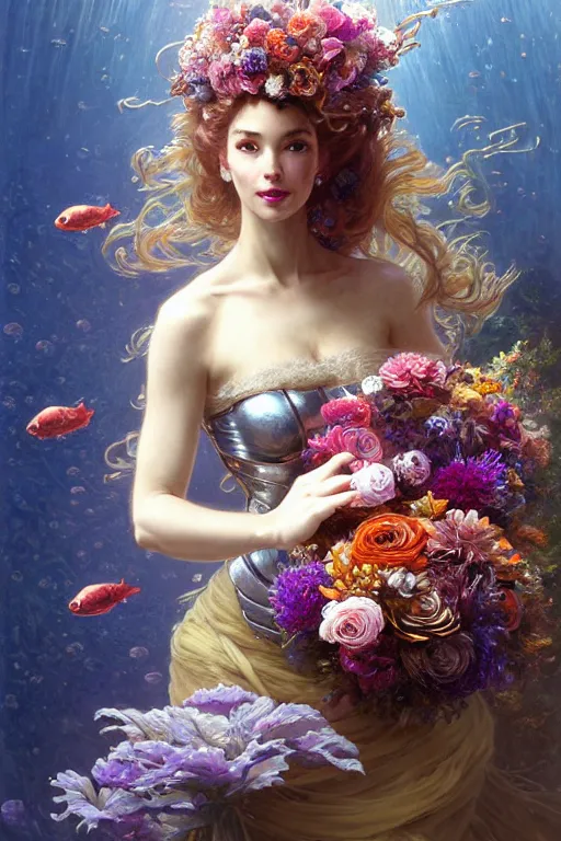 Prompt: portrait of a beautiful mysterious woman in armour, gloves holding a bouquet of flowing flowers, bubbles, upward flowing long hair, gloves hidden under the bouquet, underwater with coral and fish, fantasy, regal, intricate, by stanley artgerm lau, greg rutkowski, thomas kinkade, alphonse mucha, loish, norman rockwell