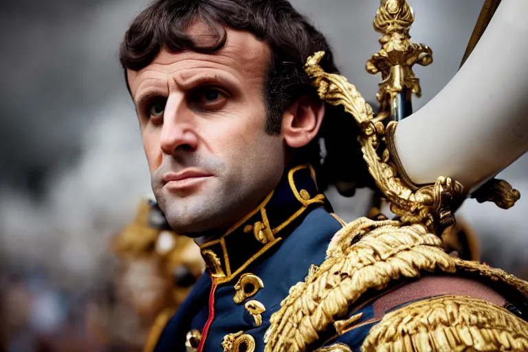 Image similar to closeup portrait of emmanuel macron dressed as napoleon dragging a cannon in the street, natural light, sharp, detailed face, magazine, press, photo, steve mccurry, david lazar, canon, nikon, focus