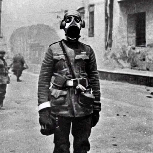 Prompt: police officer posing wear gas mask during world war ii in istanbul