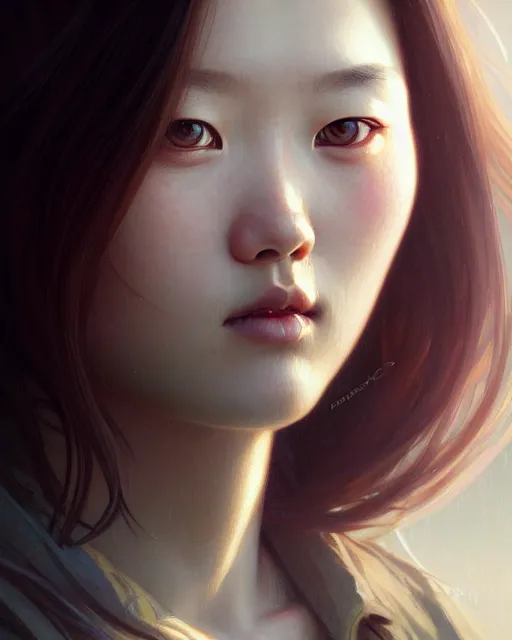 Image similar to Close-up portrait of half-korean, half-nordic girl, portrait, highly detailed, digital painting, artstation, concept art, sharp focus, illustration, art by artgerm and greg rutkowski and alphonse mucha