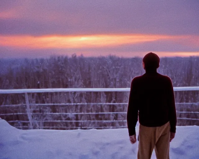 Image similar to award - winning lomographic tarkovsky film still of 4 0 years russian man with beard and sweater standing on small hrushevka 9 th floor balcony in taiga looking at sunset, cinestill, bokeh