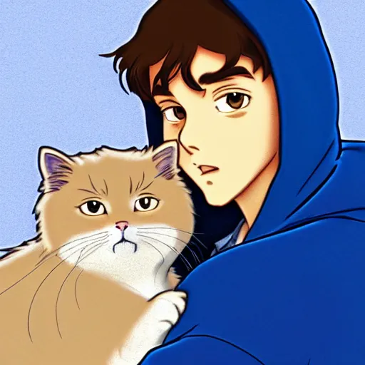 Prompt: teen boy with brown hair and big blue eyes, wearing a hoodie, holding fluffy white persian cat, natural lighting, path traced, highly detailed, high quality, cartoon, digital painting, by don bluth and ross tran and studio ghibli and alphonse mucha