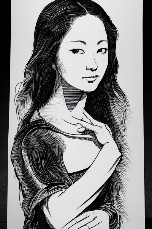 Image similar to beautiful portrait of a woman, negative no not mona lisa pose, highly detailed ink illustration of a dark alley of taipei, b & w clean shaped illustration by kim jung gi, ric estrada, ron english and eiichiro oda