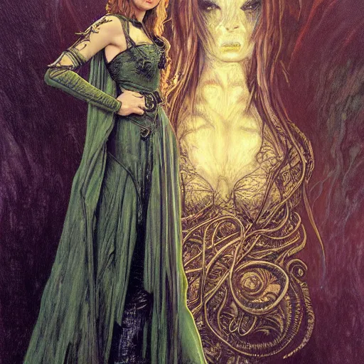 Image similar to half length portrait of ana de armas as a warlock using cthulhu eldritch magic, d & d, medieval, fantasy, giger, royo, klimt, miro, vallejo, frazetta, alphonse mucha, greg rutkowski, whealan