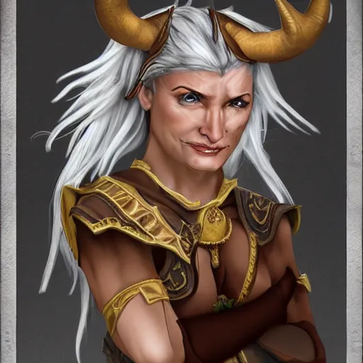 Prompt: fantasy portrait of an anthropomorphic cow woman warrior with brown and white hair, concept art