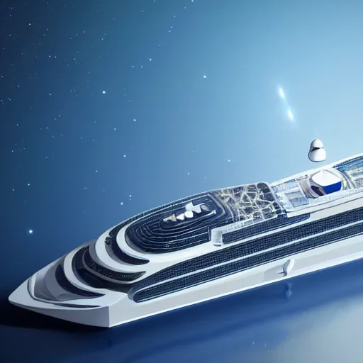 Prompt: photo rendering of a giant luxury cruise liner spaceship, shaped like a yacht, with a glass hull and ceiling and see - through exterior. aerial view of ship floating in outer space, galaxies and stars in background, asteroid belt in distance, well lit, 8 k, futuristic, high detail, vibrant colors, digital art