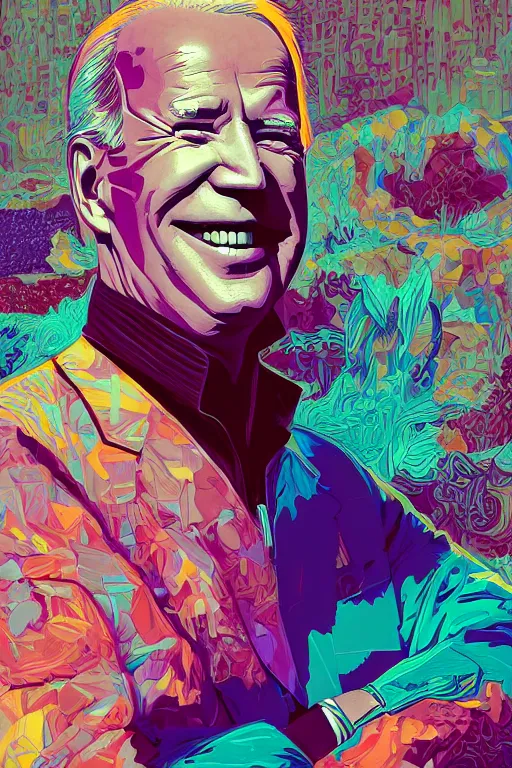 Prompt: candid portrait of joe biden, smiling to his right, artstation winner by victo ngai, kilian eng and by jake parker vibrant colors, winning - award masterpiece, fantastically gaudy, aesthetic octane render, 8 k hd resolution
