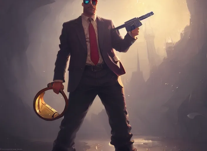 Image similar to amazing portrait of gangster spongebob with a thompson and a briefcase, deiv calviz, splash art, natural light, elegant, intricate, fantasy, atmospheric lighting, by greg rutkowski, league of legends splash art, hd wallpaper, ultra high details