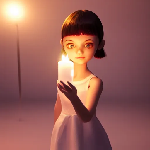 Prompt: A cute feminine girl holding a glowing candle, fragile, soft, vray,Unreal engine 5, hyperdetailed, 3d character, game character