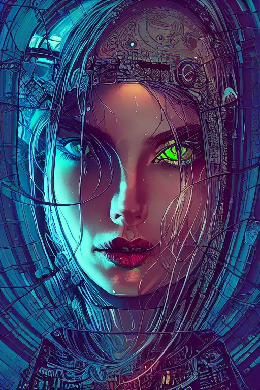 Image similar to dreamy cyberpunk girl, abstract mirrors, digital nodes, beautiful woman, detailed acrylic, grunge, intricate complexity, by dan mumford and by alexandros pyromallis intaglio