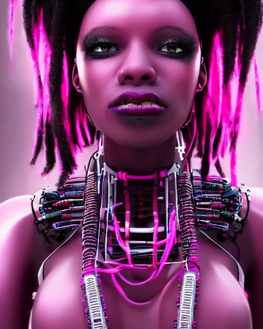 Image similar to portrait of a beautiful black woman with pink hair as a cyberpunk cyborg half robot, revealing wires and electronics, sci - fi, missing panels, intricate abstract upper body intricate artwork, concept art, octane render, deviantart, cinematic, key art, hyperrealism, iridescent accents, portrait photograph, nikon 3 5 mm, photograph by greg rutkowski