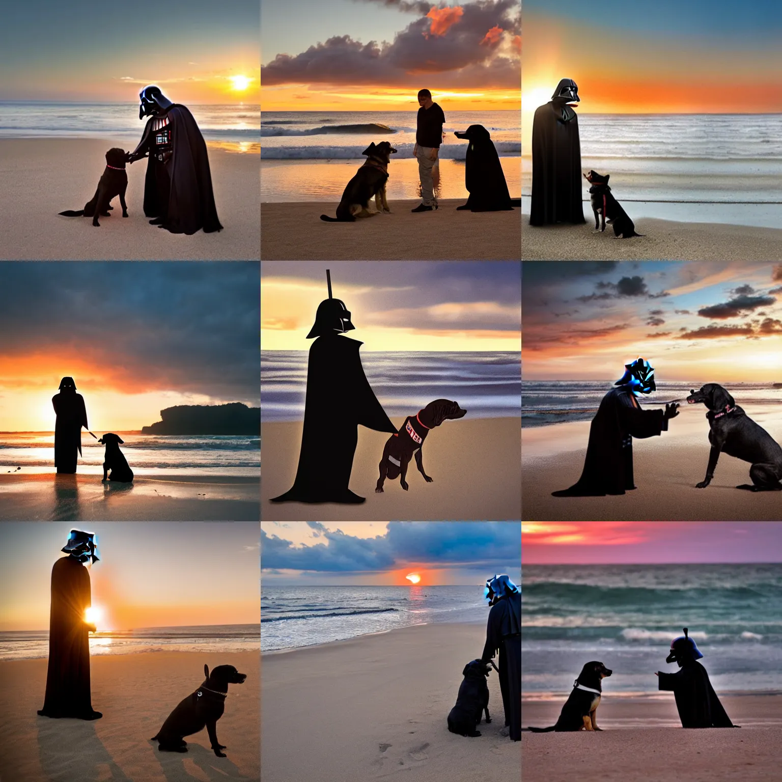Prompt: Darth Vador petting a dog in the sunset on a beach