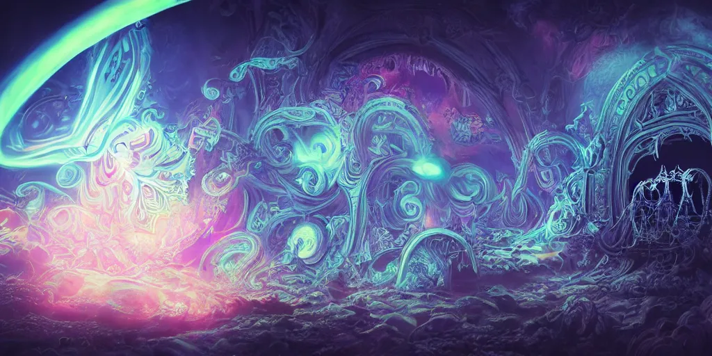 Prompt: [ palate ] [ nebulous energy ] [ muted neon colors ] intricate giant gothic style portal to purgatory, paisley cloud pattern, god at the gate, award winning composition, vibrant neon nebulous clouds, symmetrical details, hyper realistic illustration, radiant light rays, photorealistic illustration, intricate and fine details, volumetric lighting, artstation