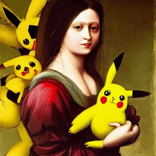 Prompt: beautiful oil painting of Lady with a pikachu by Leonardo da Vinci