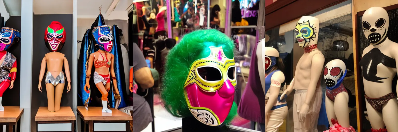 Prompt: medium shot,mexican wrestling masks on mannequin