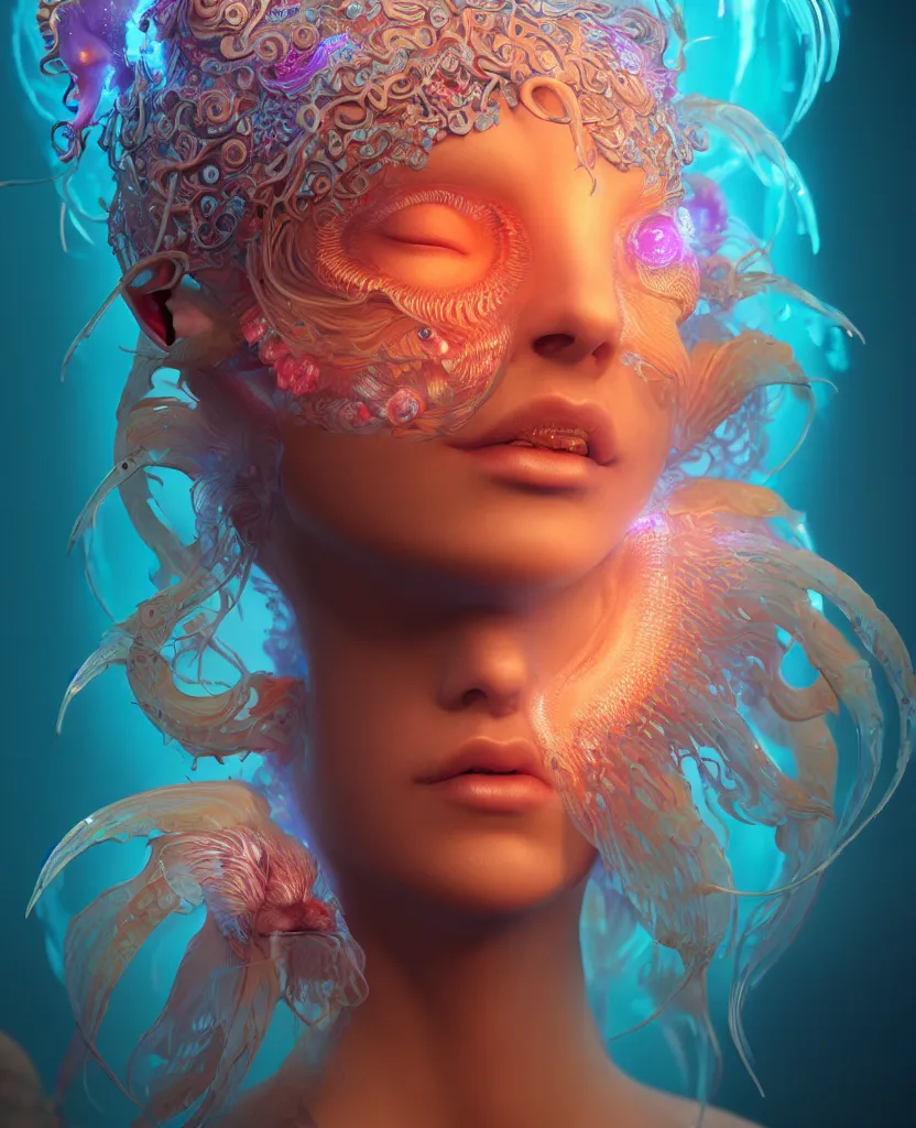 Image similar to goddess close-up portrait. chimera orchid jellyfish phoenix head, nautilus, skull, betta fish, bioluminiscent creatures, intricate artwork by Tooth Wu and wlop and beeple. octane render, trending on artstation, greg rutkowski very coherent symmetrical artwork. cinematic, hyper realism, high detail, octane render, 8k