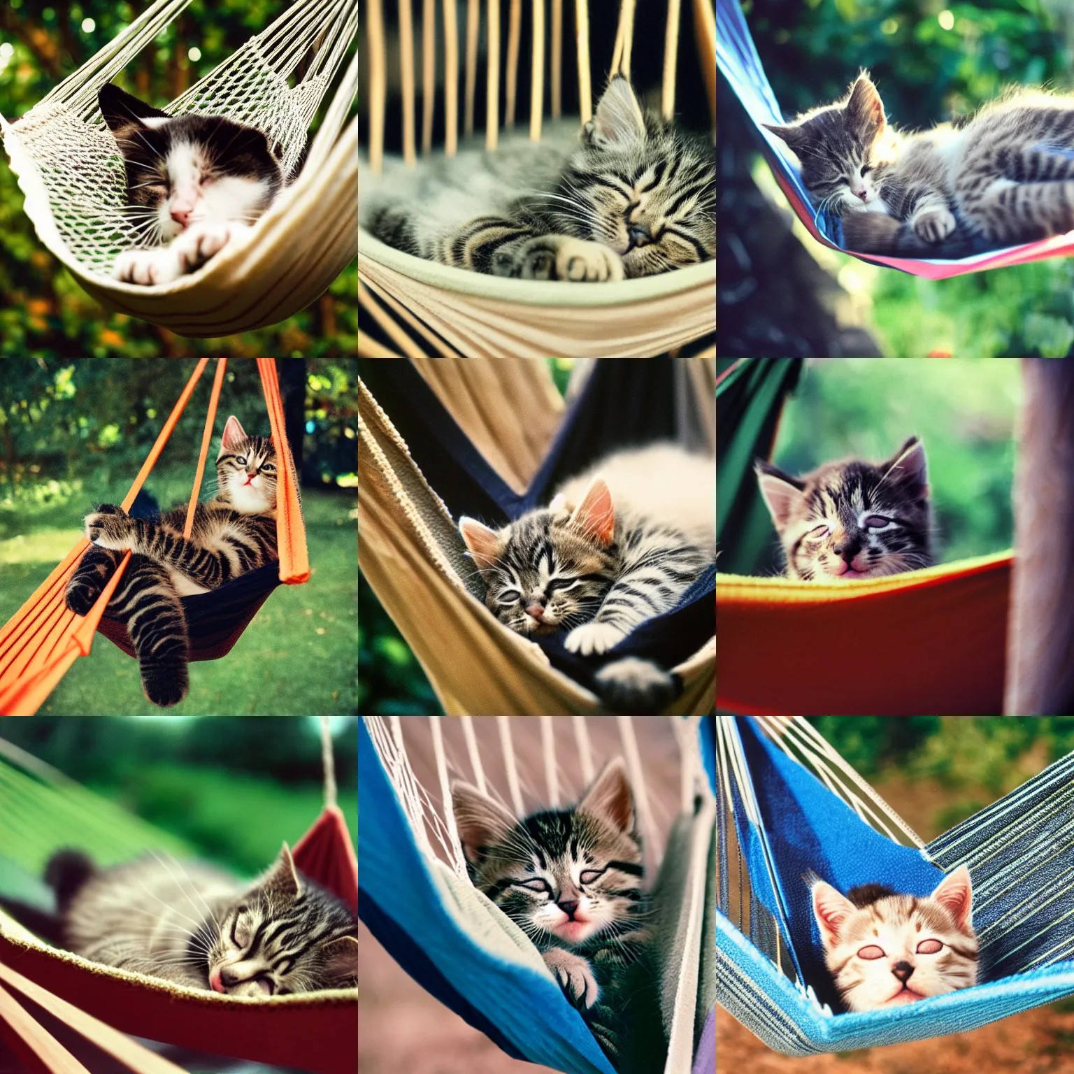 Prompt: cinestill of a kitten sleeping in a hammock