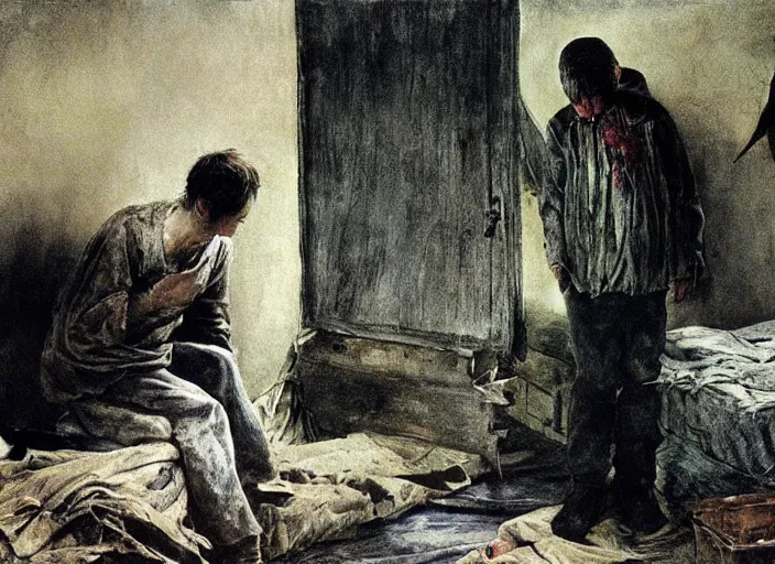 Image similar to poor child talking to an skinny teenager in a dirty makeshift hospital, painting by andrew wyeth and alan lee, very detailed, somber mood,