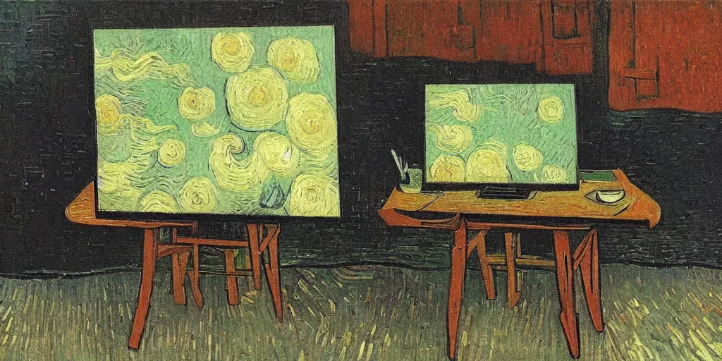 Image similar to An oil painting of a table with a computer on it, by Van Gogh