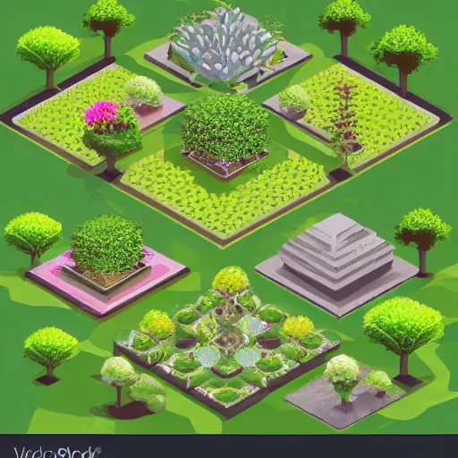 Prompt: beautiful isometric garden, trees and plants, futuristic, ideal