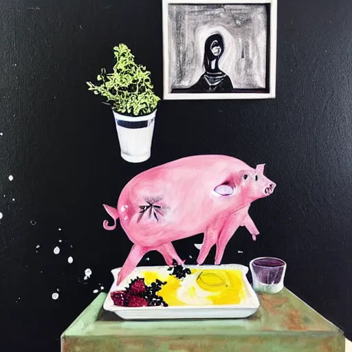 Image similar to “ a portrait in a female art student ’ s apartment, sensual, a pig theme, art supplies, paint tubes, ikebana, herbs, a candle dripping white wax, black walls, squashed berries, berry juice drips, acrylic and spray paint and oilstick on canvas, surrealism, neoexpressionism ”