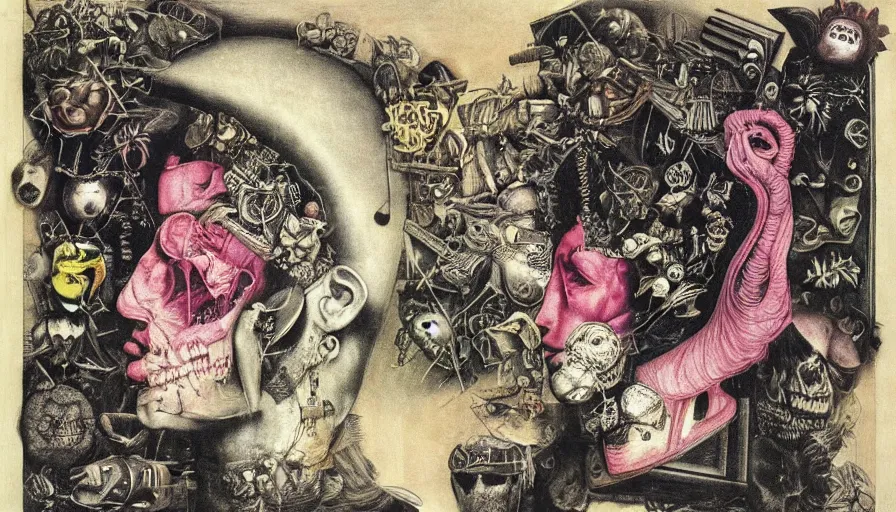 Image similar to post - punk new age album cover, asymmetrical design, dollar bank notes, capitalism, magic, apocalypse, psychedelic, black white pink, magic, giger h. r., giuseppe arcimboldo