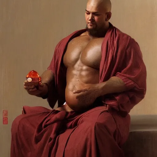 Prompt: turtle bodybuilder wearing a monk robes holding incense burner. natural lighting by ruan jia, portrait