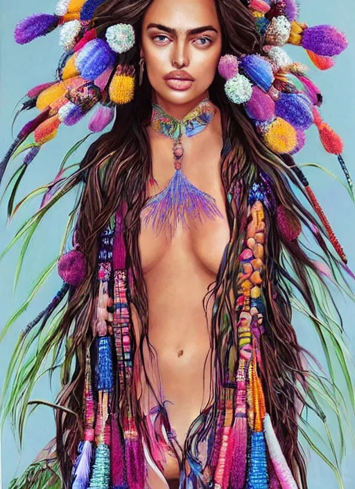 Image similar to beautiful portrait of Irina Shayk wearing fantastic Hand-dyed cotton dress,embellished beaded feather decorative fringe knots ,colorful pigtail,subtropical flowers and plants,symmetrical face,intricate,elegant,highly detailed,8k,post-processing,digital painting,trending on pinterest,harper's bazaar,concept art, sharp focus, illustration, by artgerm,Tom Bagshaw,Lawrence Alma-Tadema,greg rutkowski,alphonse Mucha
