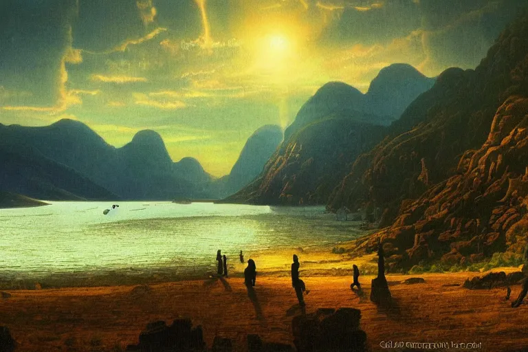 Image similar to the matrix film vista painted in style of hudson river school