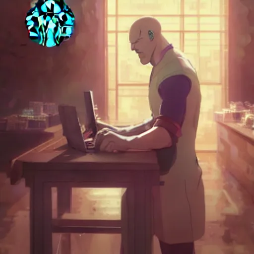 Image similar to portrait of thanos working at starbucks, digital illustration, by makoto shinkai and ruan jia and studio ghibli