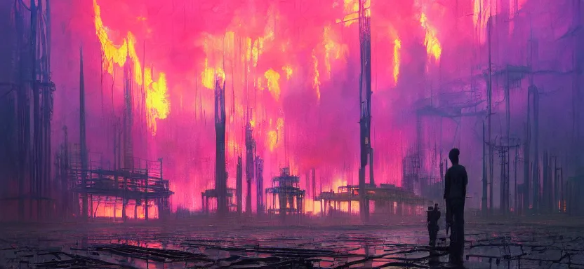 Prompt: beautiful masterpiece painting of a dystopian city in a future radioactive glowing swamp, biofuel oilfields burning extraction rig, by Remedios Varo and Anato Finnstark and Greg Rutkowski, dayglo pink, dayglo blue, by Craig Mullins, ilya kuvshinov, krenz cushart, artgerm, 8k, trending on ArtStation