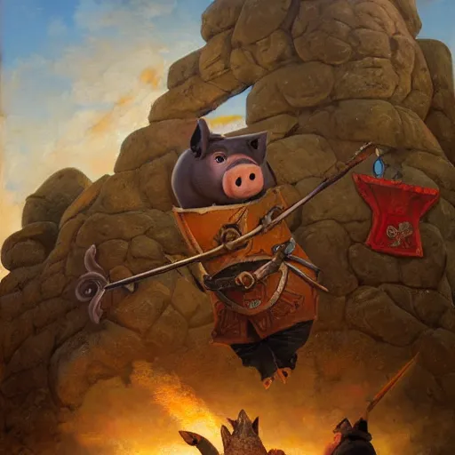 Image similar to trebuchet launching a pig, oil painting by justin gerard, deviantart