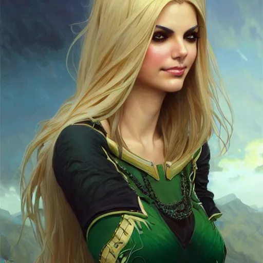 Image similar to Victoria Justice with fair skin, blonde hair and green eyes as Bat Girl, western, D&D, fantasy, intricate, elegant, highly detailed, digital painting, artstation, concept art, matte, sharp focus, illustration, art by Artgerm and Greg Rutkowski and Alphonse Mucha