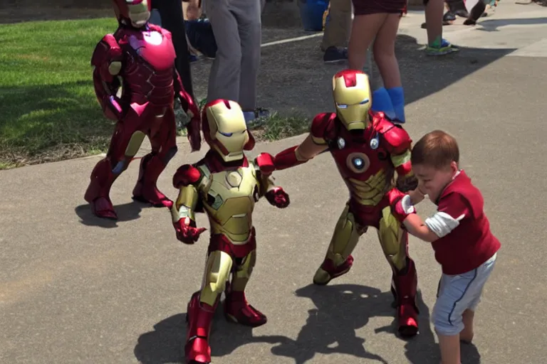 Prompt: iron man punching kids at sandbox