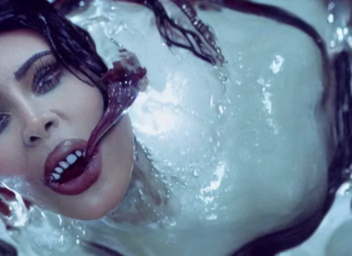 Prompt: film still of kim kardashian swallowed being ingested by an xenomorph, alien goo, transparent goo, transparent liquid, saliva, 8 k