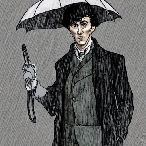 Prompt: Sherlock Holmes standing in the rain in the style of Junji Ito