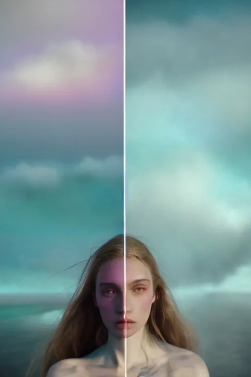 Image similar to high quality pastel coloured film close up wide angle photograph of a model wearing clothing swimming on cloud furniture in a icelandic black rock!! environment in a partially haze filled dreamstate world. three point light, rainbow. photographic production. art directed. pastel colours. volumetric clouds. pastel gradient overlay. waves glitch artefacts. extreme facial clarity. 8 k. filmic.