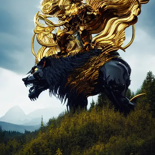 Image similar to black lion's god with body made from gold lightnings surrounded by epic forest and mountains, colossal scale, cinematic shot, hyperdetails, by Evgeniy Antonenkov and James Jean