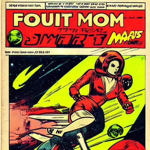 Prompt: vintage scifi comic book panel of the first woman on Mars