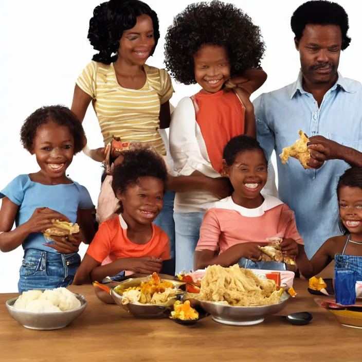 Image similar to African American family in 1979 with two daughters and a son eating chicken, mash potatoes, and rolls for dinner. 3d version style