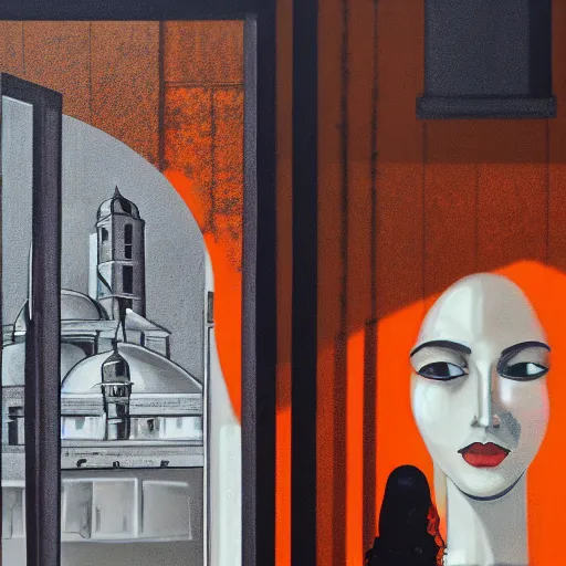 Prompt: detailed portrait of a beautiful woman, courtyard, capital, mosque interior, reflections, control panel, watcher, omniscient, covered walkway, obsidian, orange teal gray black, tech noire, few neon signs, surreal oil on canvas