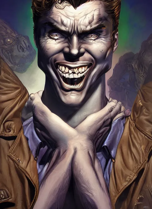 Image similar to aesthetic digital portrait of a handsome young man with a sinister grin by brian bolland, rachel birkett, alex ross, and neal adams | dark, intimidating, imposing, portrait, character concept, concept art, unreal engine, finalrender, centered, deviantart, artgerm