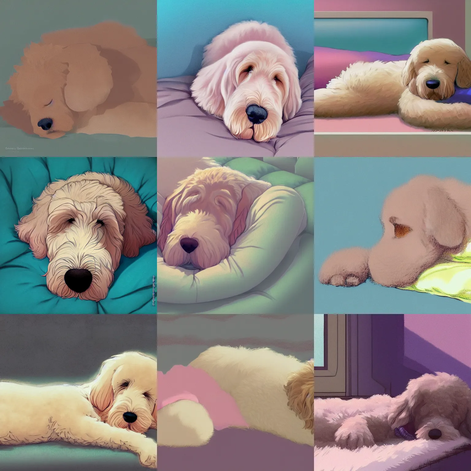 Prompt: a goldendoodle sleeping in a bed, pastel colors, digital art, matte print, pixiv, by Ilya Kuvshinov, by Studio Ghibli