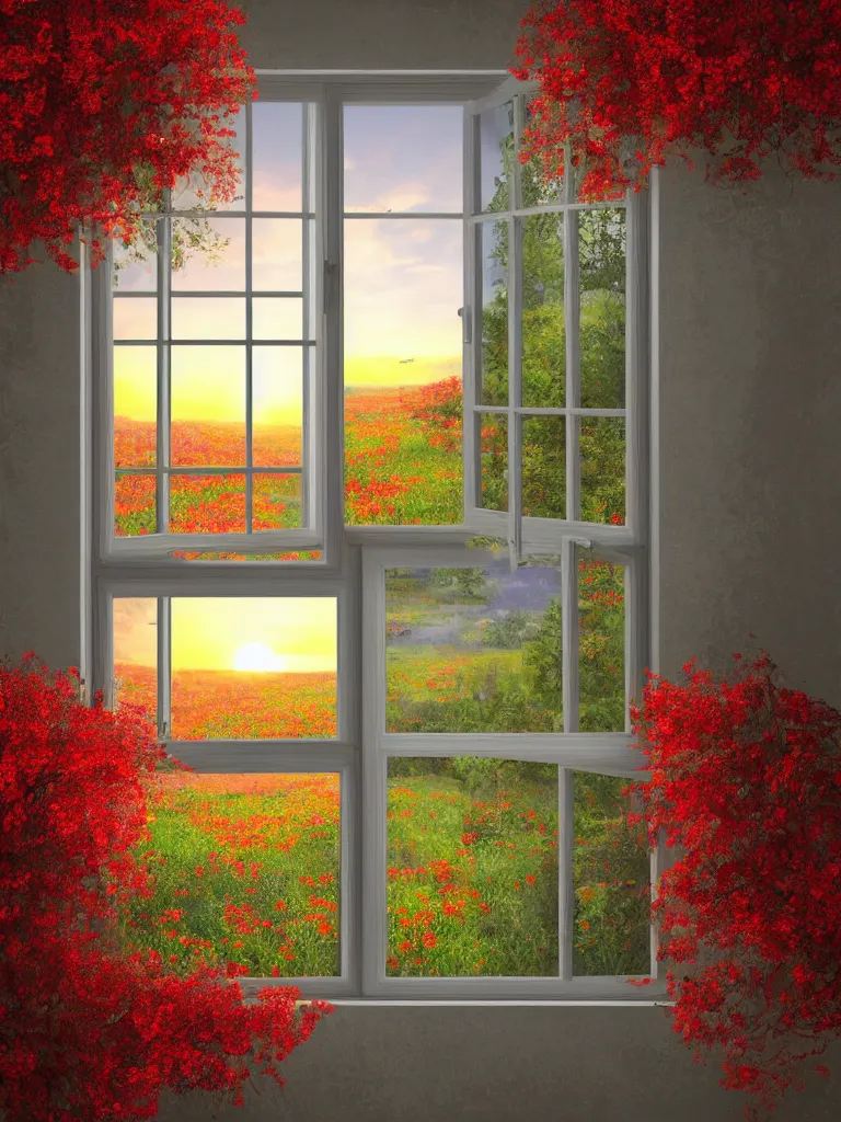 Image similar to a interior photo of a vintage house single window with view to the sunrise near some red flowers, hyperrealistic, digital painting, masterpiece, high quality, highly detailed, high coherence, path traced, serene landscape, beautiful, elegant, bloom, godrays, complementary colors, natural lighting, symmetrical, low contrast, geometrically correct