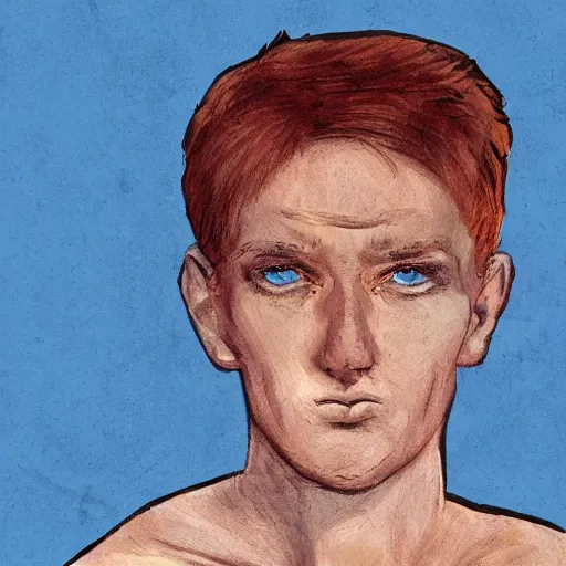 Image similar to face portrait of a thin young man with red hair and freckles, blue eyes, a long nose, highly detailed, digital art